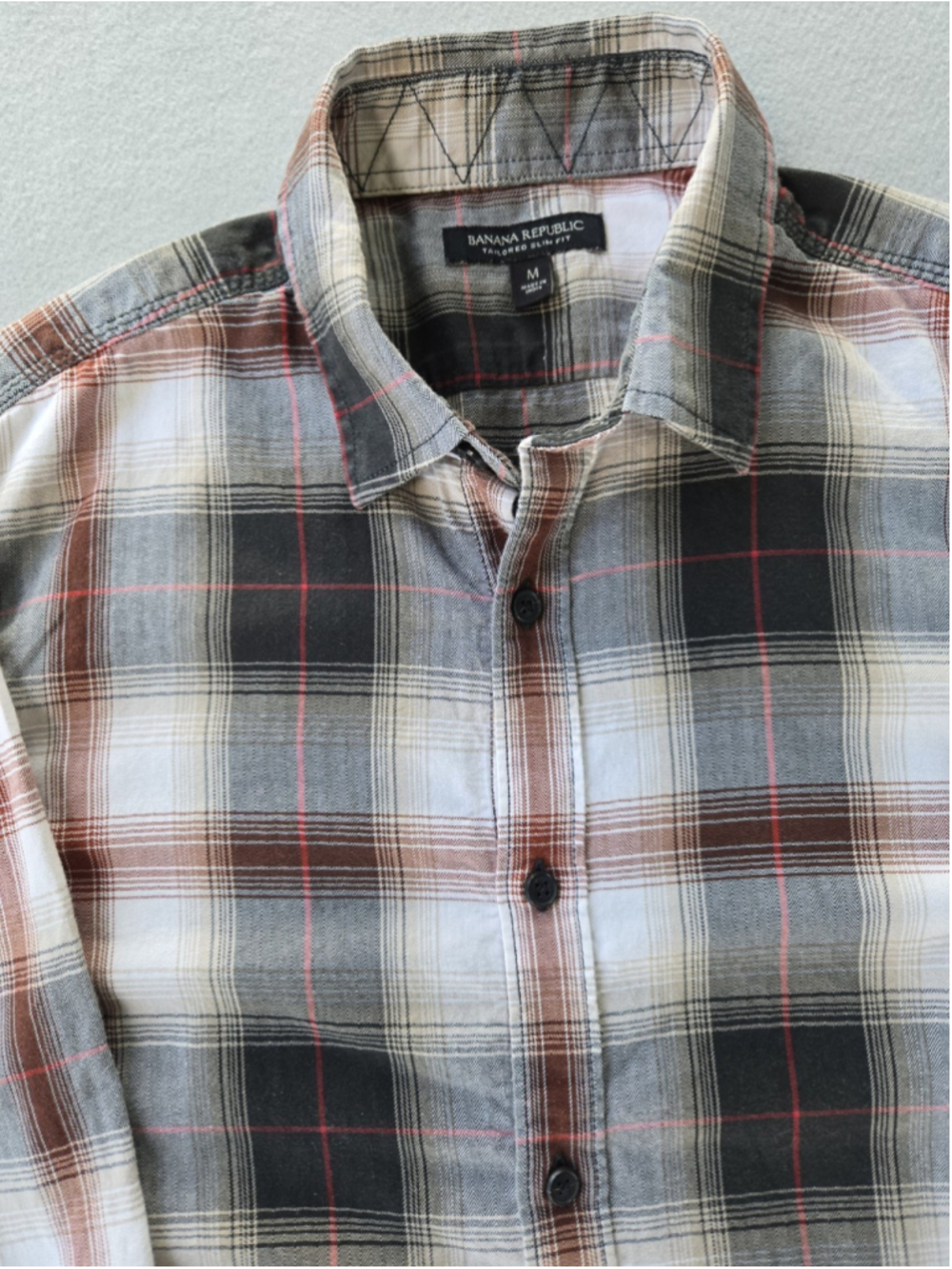 Banana Republic Tailored Slim Fit Flannel Shirt Mens M Plaid Rust Gray Fall Top - Picture 3 of 10